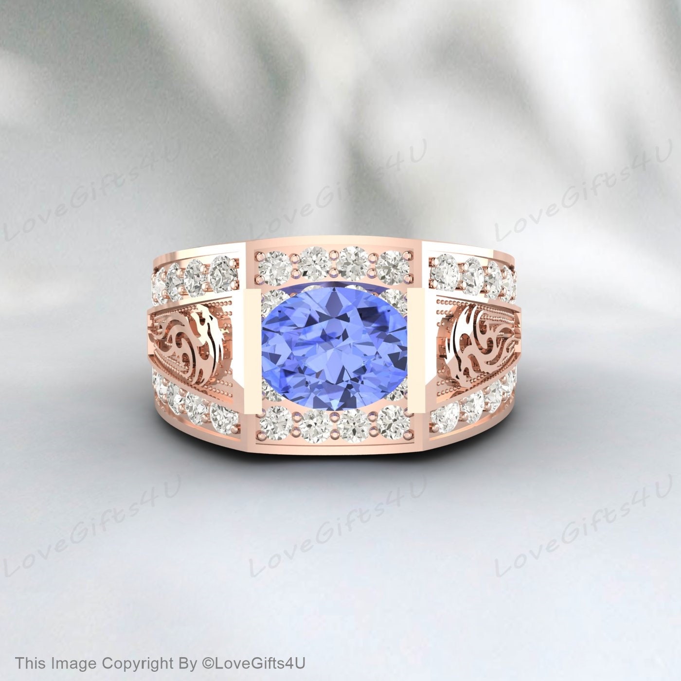 Natural Tanzanite Ring, Oval Cut Blue Gemstone, Genuine Sterling Silver Ring, December Birthstone, Engagement Ring, Promise carving ring