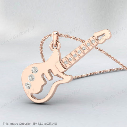 Children's Gold Necklace, Diamond Guitar Necklace, Recycled Silver Kids Jewelry, Guitar Charm, Guitar Necklace for Kids, Guitar Pendant