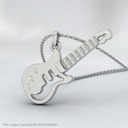 Collier en or pour enfants, collier de guitare en diamant, bijoux pour enfants en argent recyclé, charme de guitare, collier de guitare pour enfants, pendentif de guitare