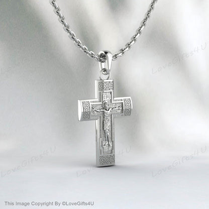 Handmade Silver Jesus Crucifix Necklace,3D Jesus Relief Cross Savior Pendant,Engraved Jesus Religious Charm,Silver Man Necklace,Gift For Men