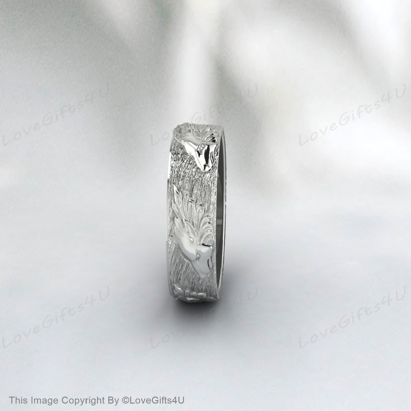 Silver Forest Branch Ring Wolf On Tree Break Artistic Mens Band Ring