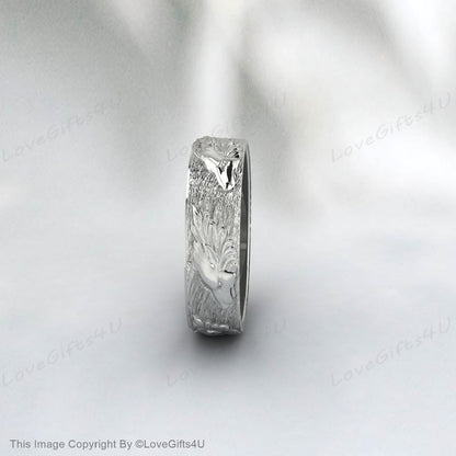 Silver Forest Branch Ring Wolf On Tree Break Artistic Mens Band Ring