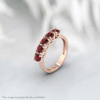 Red Garnet Silver Ring 5 Stone Ring Anniversary Band Wedding Band