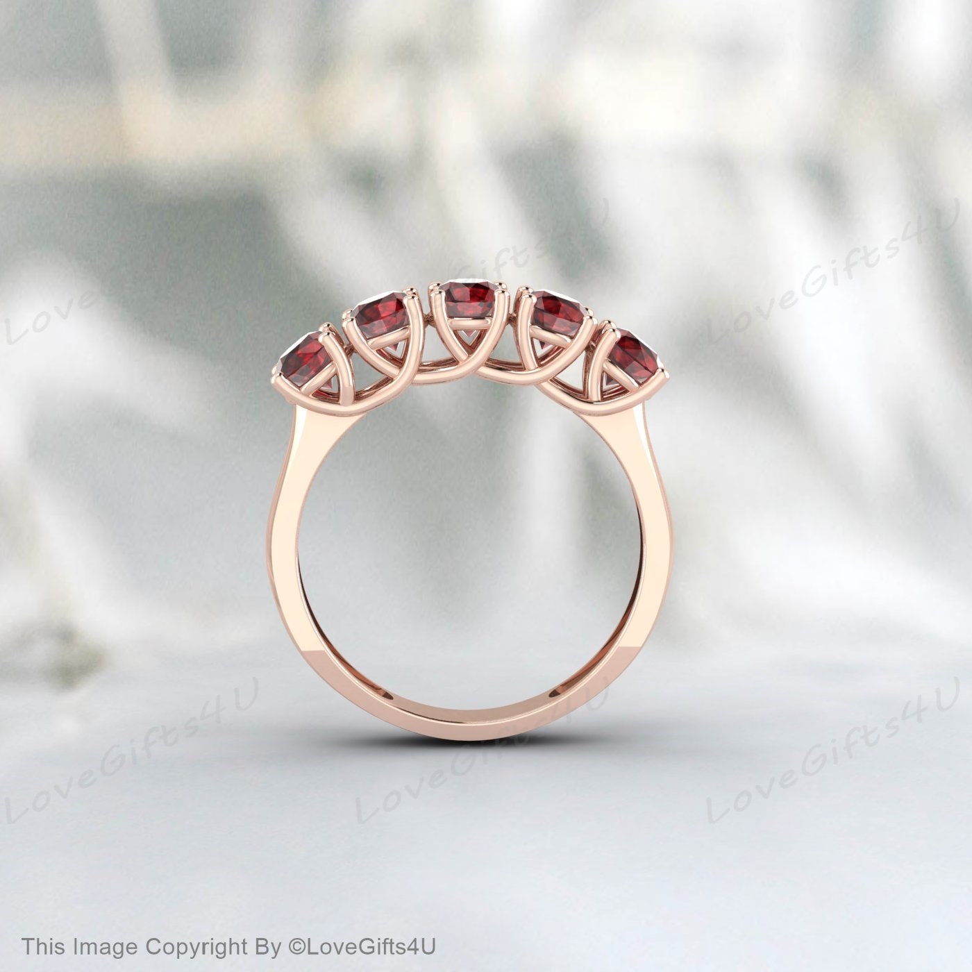 Red Garnet Silver Ring 5 Stone Ring Anniversary Band Wedding Band