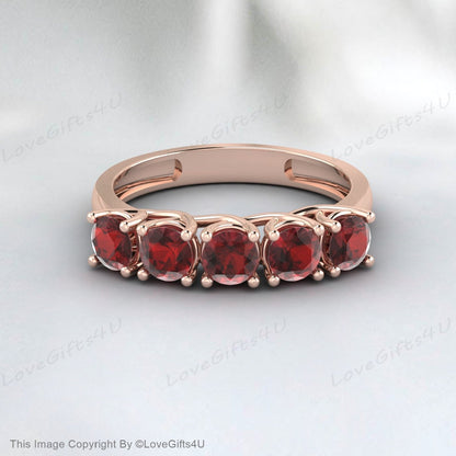 Red Garnet Silver Ring 5 Stone Ring Anniversary Band Wedding Band