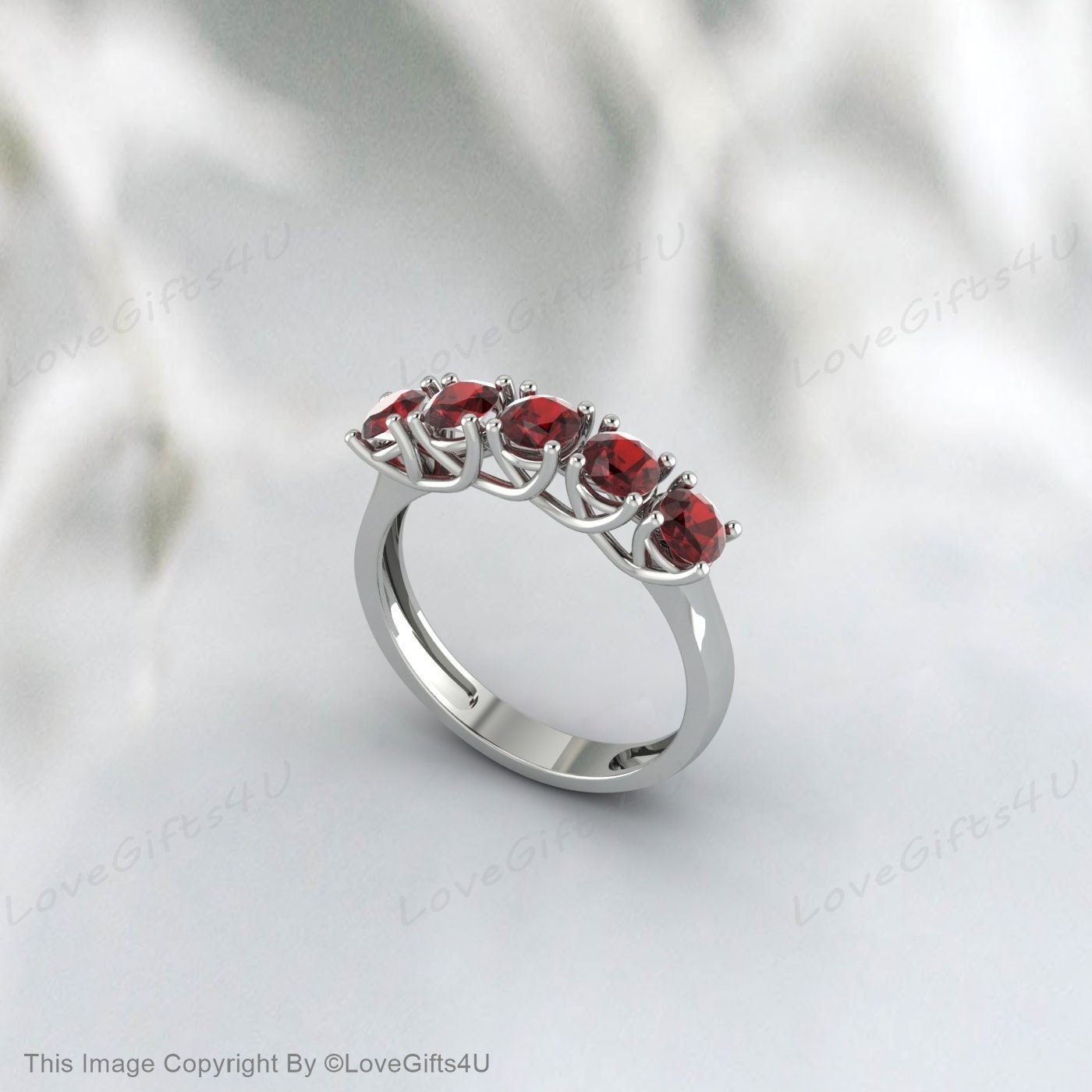 Red Garnet Silver Ring 5 Stone Ring Anniversary Band Wedding Band