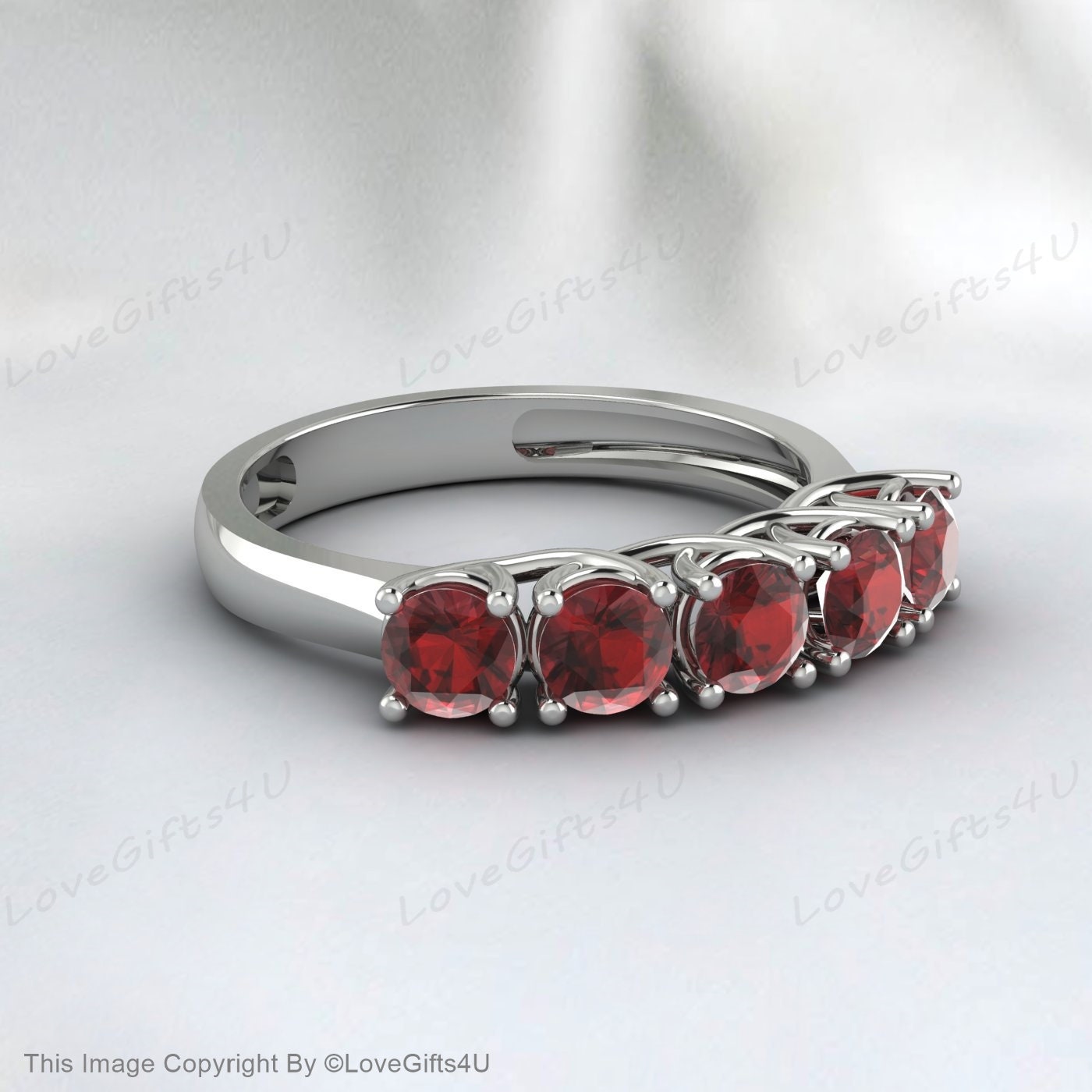 Red Garnet Silver Ring 5 Stone Ring Anniversary Band Wedding Band