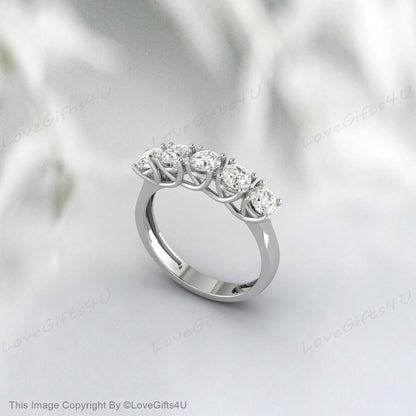 5 Stone Moissanite Diamond Ring In Sterling Silver Engagement Ring