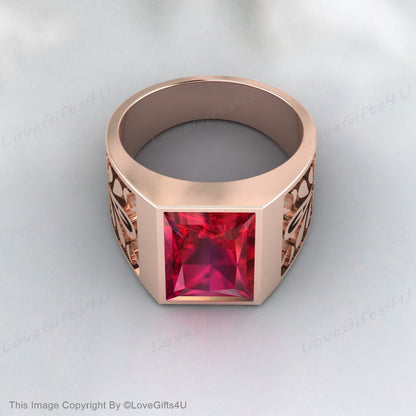 Vintage Red Ruby Signet Ring For Men Silver Red Gemstone Ring For Men