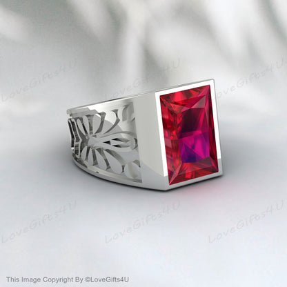 Vintage Red Ruby Signet Ring For Men Silver Red Gemstone Ring For Men