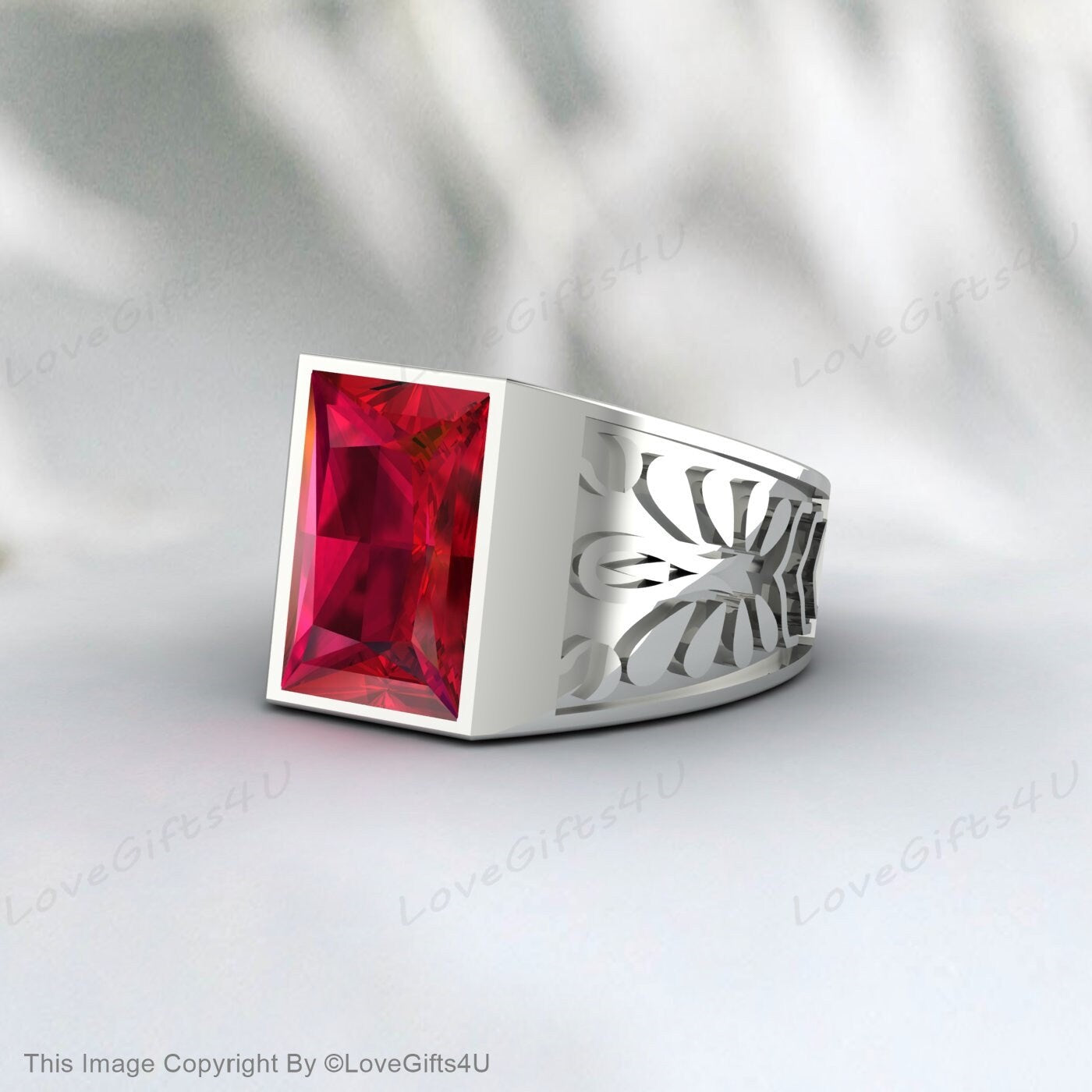 Vintage Red Ruby Signet Ring For Men Silver Red Gemstone Ring For Men