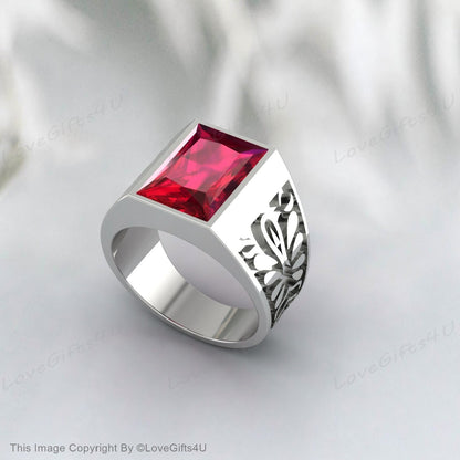 Vintage Red Ruby Signet Ring For Men Silver Red Gemstone Ring For Men