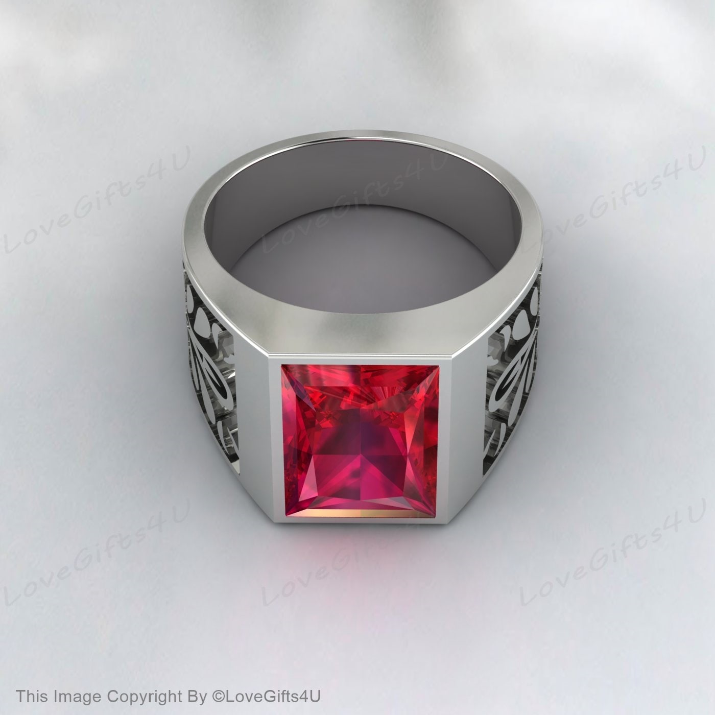 Vintage Red Ruby Signet Ring For Men Silver Red Gemstone Ring For Men