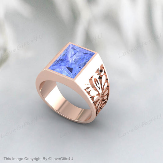 Blue Tanzanite Ring Silver Signet Men Engagement Ring Promise Ring