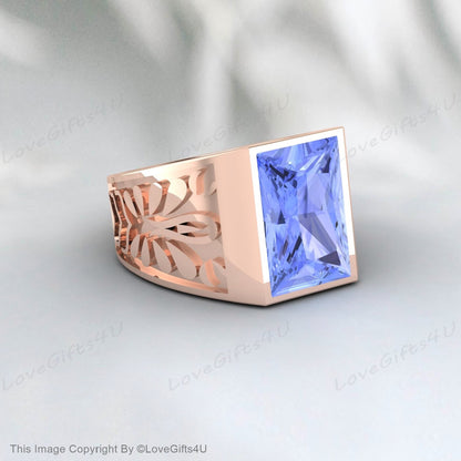 Blue Tanzanite Ring Silver Signet Men Engagement Ring Promise Ring