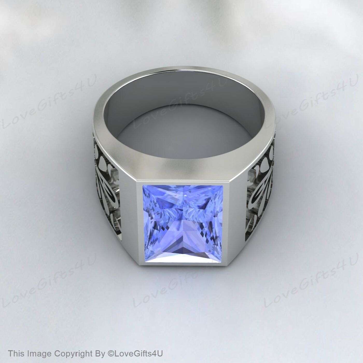 Blue Tanzanite Ring Silver Signet Men Engagement Ring Promise Ring