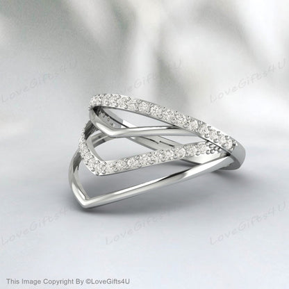 Curve Wedding Band Plain White Gold Band Unique Wedding Ring Chevron Ring CZ Man Made Diamond Eternity Band 925 Sterling Silver Ring