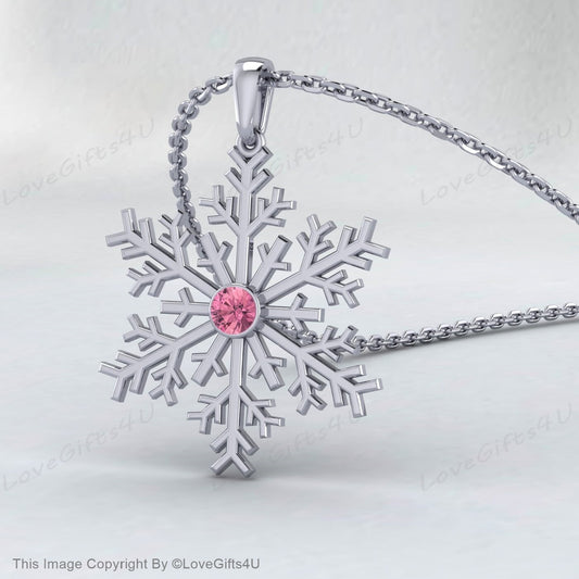 Halskette mit Schneeflocke aus rosa Turmalin, 925er Sterlingsilber für Frauen, Frozen Winter, zierlicher Schmuck, handgefertigter Anhänger, Alltagsgeschenke für Mädchen