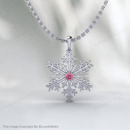 Pink Tourmaline Snowflake Necklace 925 Sterling Silver for Women Frozen Winter Dainty Jewelry Handmade Pendant Everyday Girls Gifts