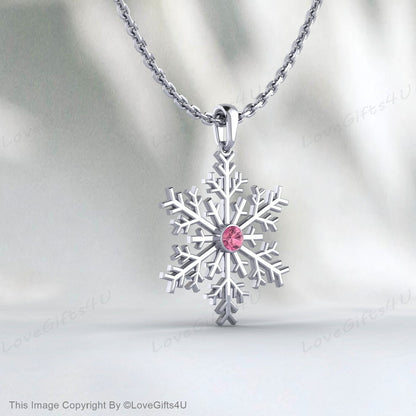 Pink Tourmaline Snowflake Necklace 925 Sterling Silver for Women Frozen Winter Dainty Jewelry Handmade Pendant Everyday Girls Gifts