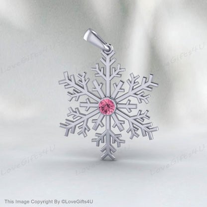 Pink Tourmaline Snowflake Necklace 925 Sterling Silver for Women Frozen Winter Dainty Jewelry Handmade Pendant Everyday Girls Gifts