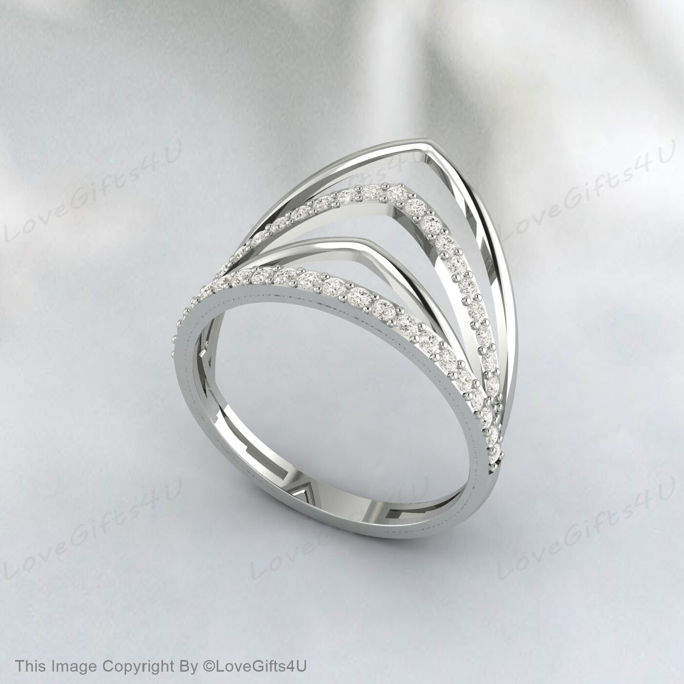 Curve Wedding Band Plain White Gold Band Unique Wedding Ring Chevron Ring CZ Man Made Diamond Eternity Band 925 Sterling Silver Ring