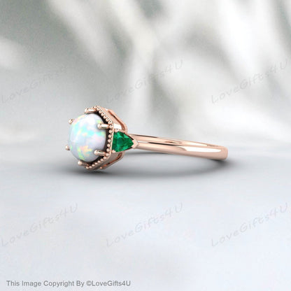 Opal Engagement Ring Emerald Ring Bridal Ring Anniversary Gift