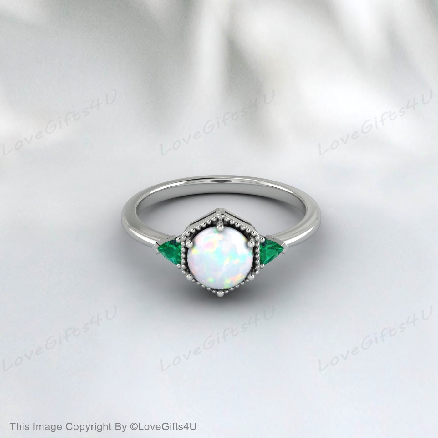 Opal Engagement Ring Emerald Ring Bridal Ring Anniversary Gift