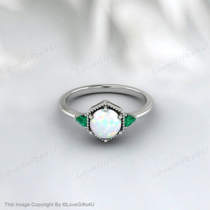 Opal Engagement Ring Emerald Ring Bridal Ring Anniversary Gift