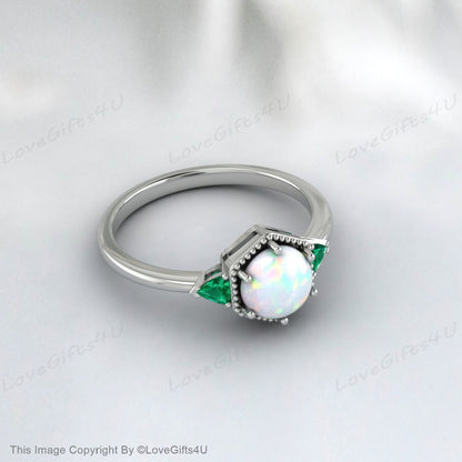 Opal Engagement Ring Emerald Ring Bridal Ring Anniversary Gift