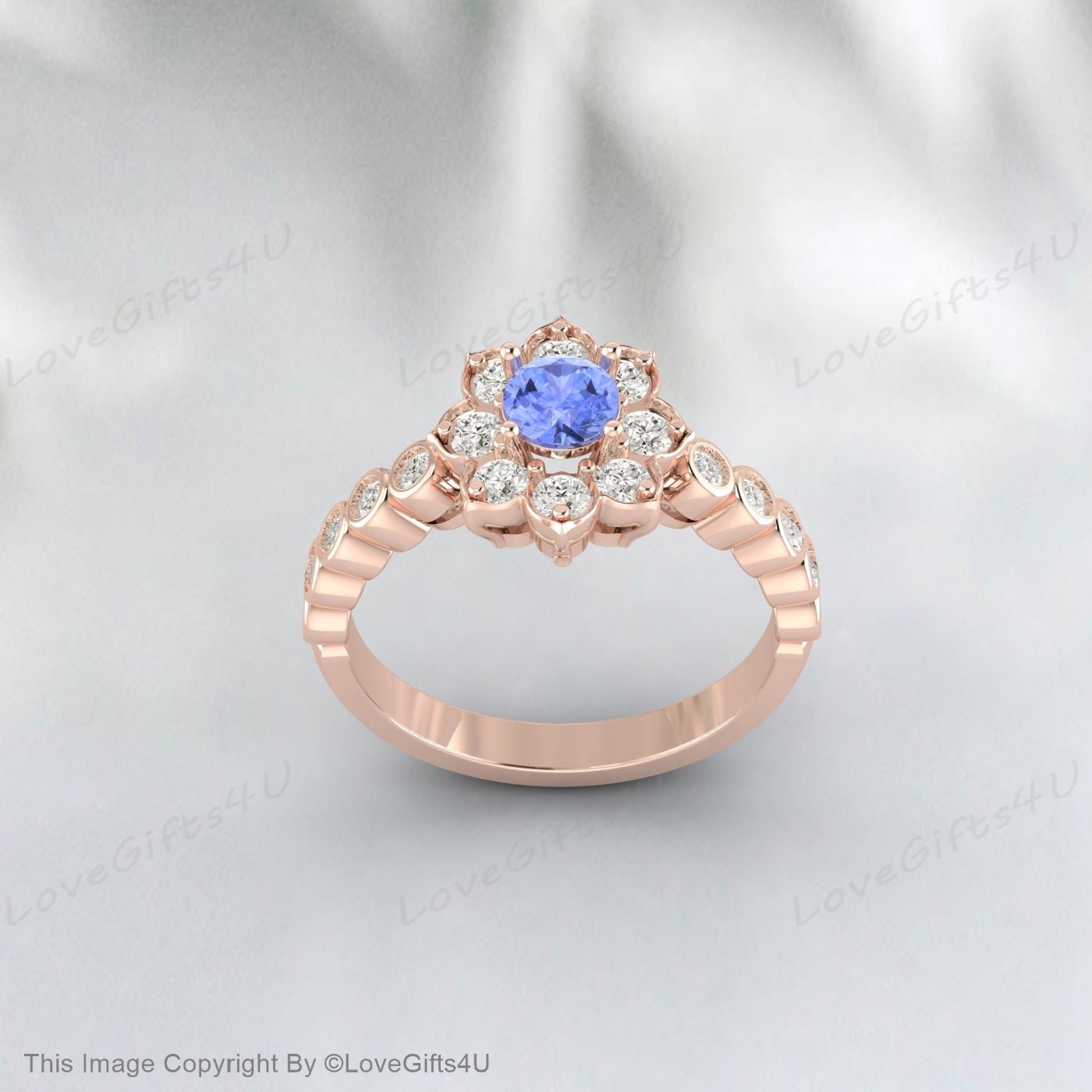 Bague de fiançailles florale ronde Tanzanite, bague de promesse, cadeau d'anniversaire