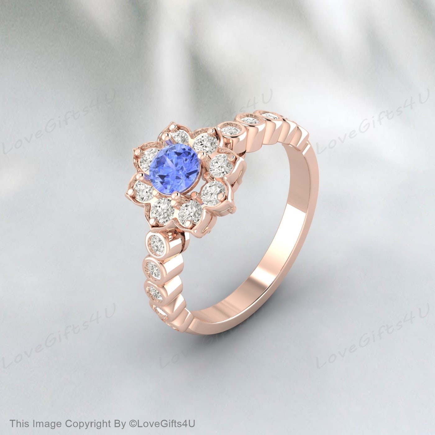 Bague de fiançailles florale ronde Tanzanite, bague de promesse, cadeau d'anniversaire