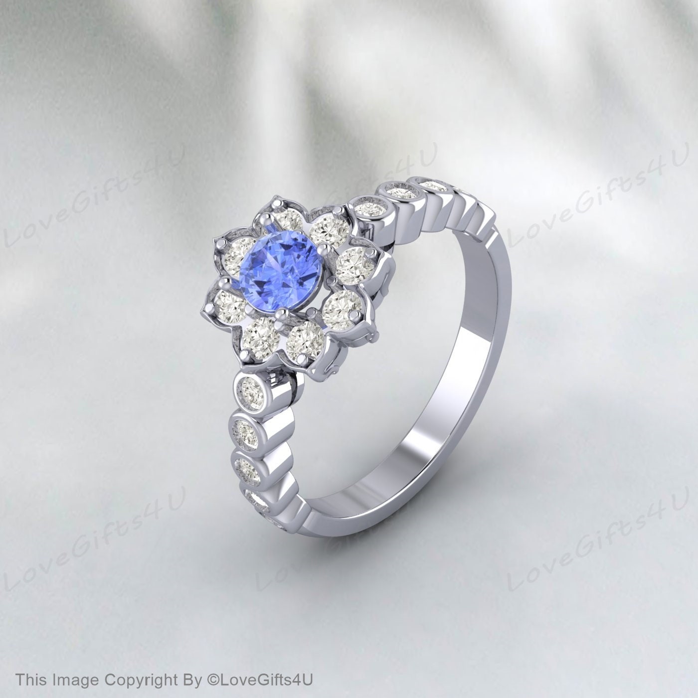 Bague de fiançailles florale ronde Tanzanite, bague de promesse, cadeau d'anniversaire