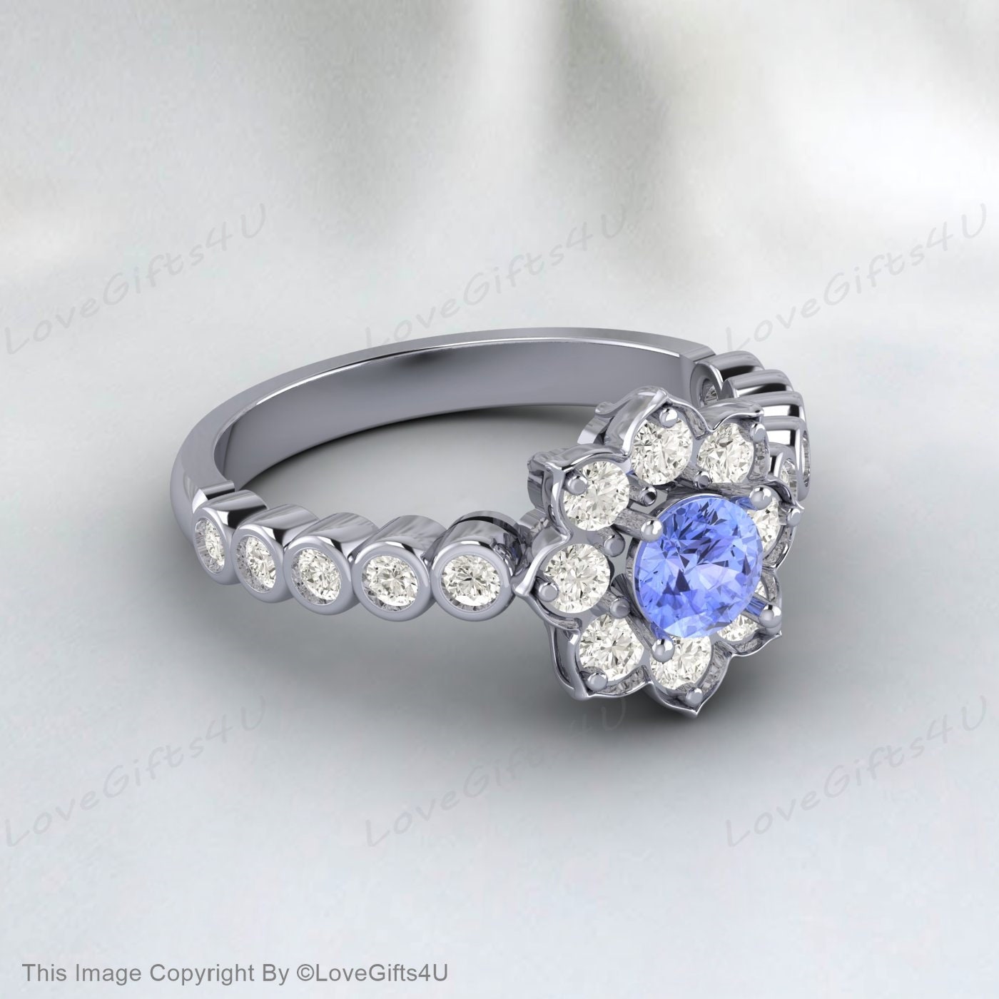 Bague de fiançailles florale ronde Tanzanite, bague de promesse, cadeau d'anniversaire