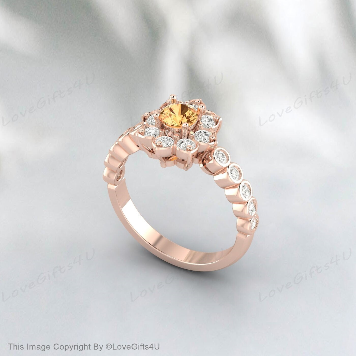 Natural Yellow Citrine Ring Round Cut Engagement Ring Nature Inspired Flower Halo Ring Anniversary Bridal Ring For Her Wedding Promise Ring