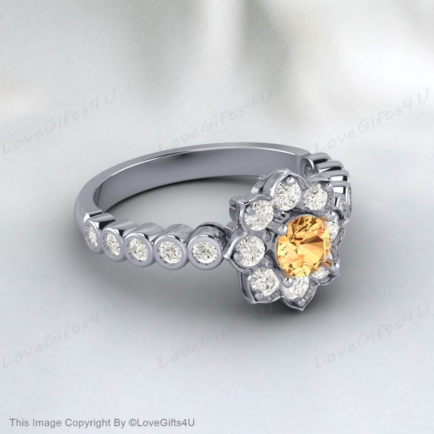 Natural Yellow Citrine Ring Round Cut Engagement Ring Nature Inspired Flower Halo Ring Anniversary Bridal Ring For Her Wedding Promise Ring