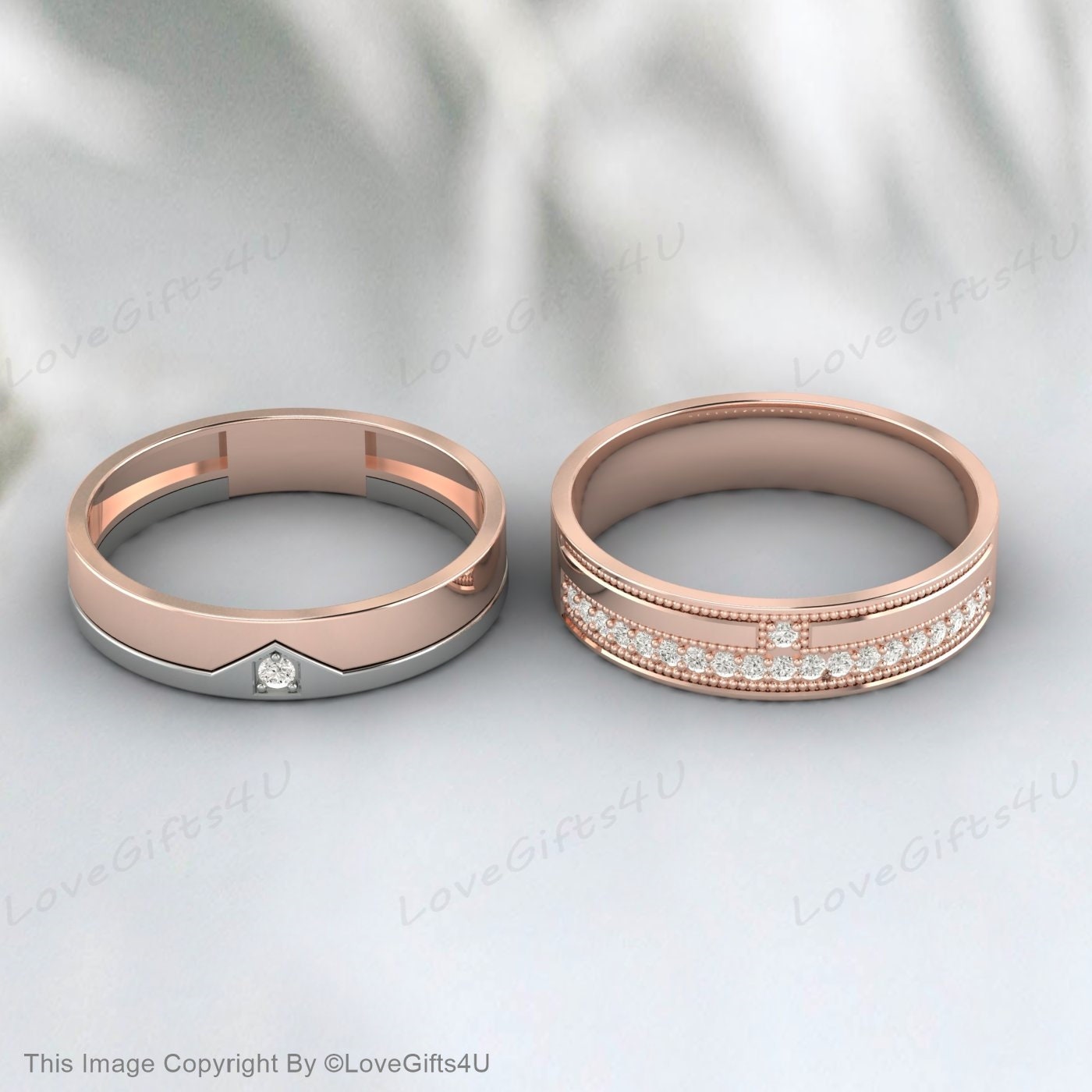 Matching Rings for Couples, Simulated Diamond Rings in 14K/18K Rose Gold, Wedding Ring Set, His and Hers Wedding Band, Anniversary Rings