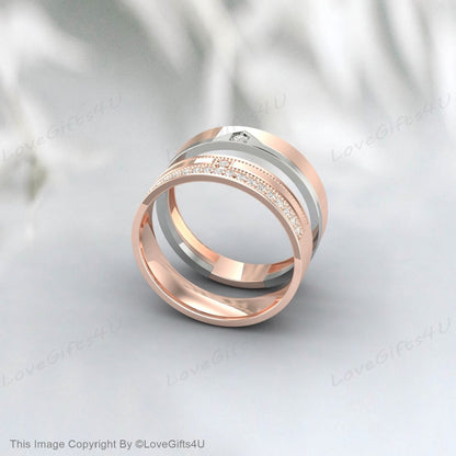 Matching Rings for Couples, Simulated Diamond Rings in 14K/18K Rose Gold, Wedding Ring Set, His and Hers Wedding Band, Anniversary Rings