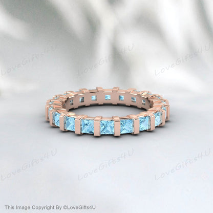 Princess Cut Aquamarine Wedding Band Full Eternity Anniversary Gift