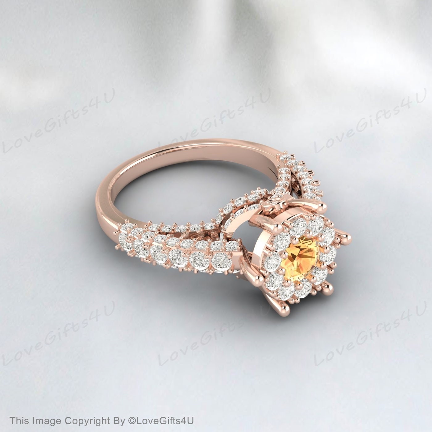 Bague de fiançailles en citrine jaune, bague de mariage avec halo de diamants simulés