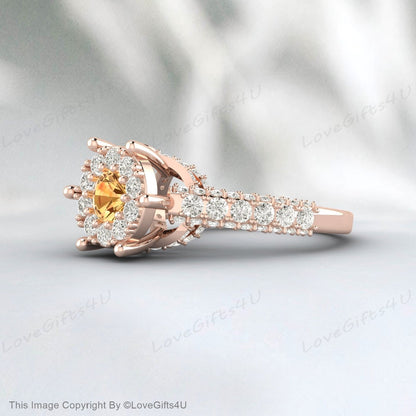 Yellow Citrine Engagement Ring Simulated Diamond Halo Wedding Ring