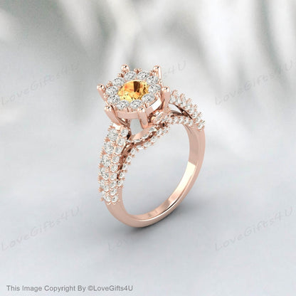 Bague de fiançailles en citrine jaune, bague de mariage avec halo de diamants simulés