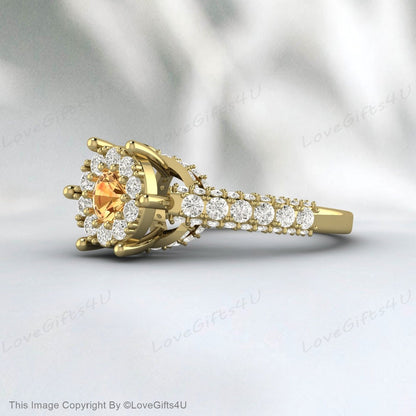 Yellow Citrine Engagement Ring Simulated Diamond Halo Wedding Ring