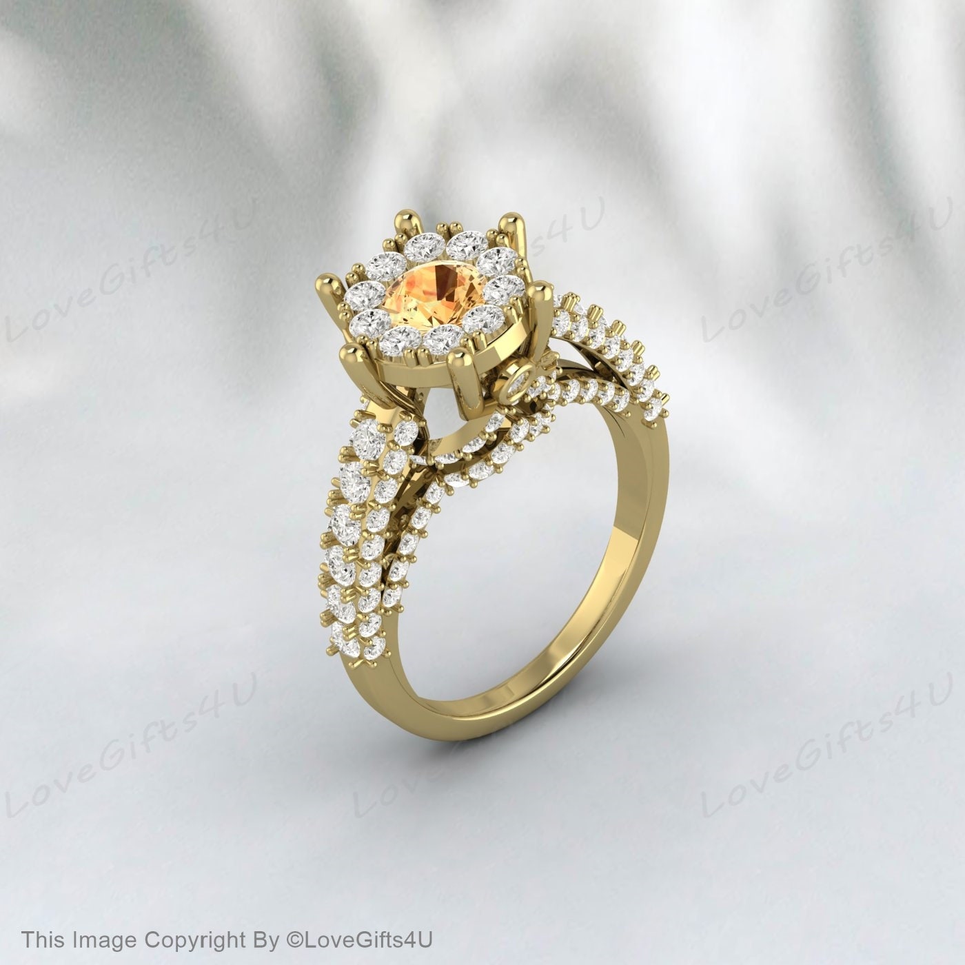 Bague de fiançailles en citrine jaune, bague de mariage avec halo de diamants simulés