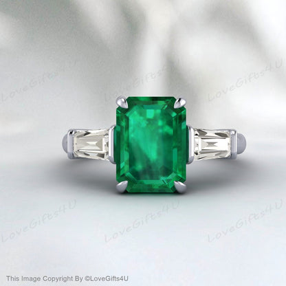 Genuine Emerald Ring, Vintage Emerald Engagement Ring, Green Gemstone May Birthstone Promise Ring, Anniversary Gift for Her, Gift for Women