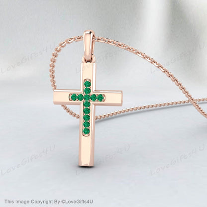 Diamond Emerald Cross Necklace 14k Gold Emerald Diamond Cross Emerald Birthstone Cross Gold Emerald Cross Communion Confirmation