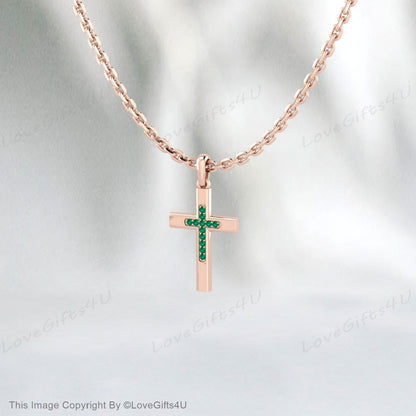 Collier Croix d’Émeraude Diamant 14k Or Émeraude Diamant Croix Émeraude Pierre de Naissance Croix Or Émeraude Croix Communion Confirmation