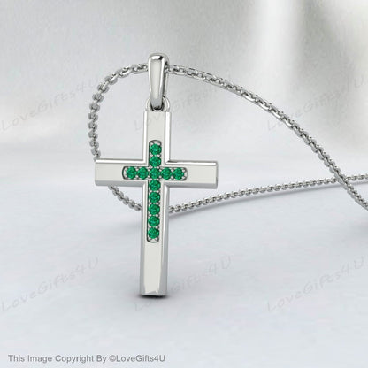 Collier Croix d’Émeraude Diamant 14k Or Émeraude Diamant Croix Émeraude Pierre de Naissance Croix Or Émeraude Croix Communion Confirmation