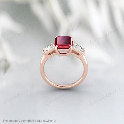 Emerald Cut Ruby Engagement Ring Silver Baguette Cz Diamond Ruby