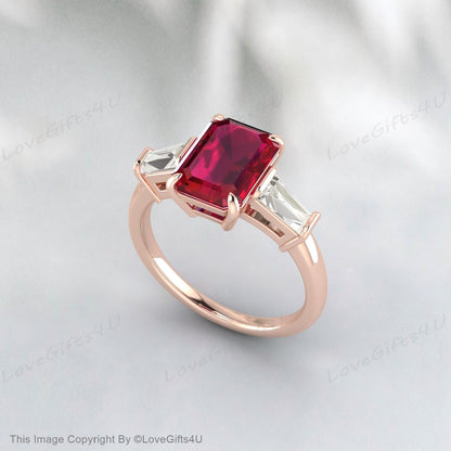 Emerald Cut Ruby Engagement Ring Silver Baguette Cz Diamond Ruby